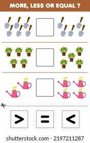 Education game for children more less or equal count the amount of cute cartoon shovel plant watering can then cut and glue cut the correct sign farm worksheet