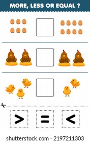 Education game for children more less or equal count the amount of cute cartoon egg chicken hen chick then cut and glue cut the correct sign farm worksheet