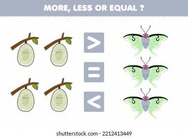Education game for children more less or equal count the amount of cute cartoon cocoon and moth printable bug worksheet