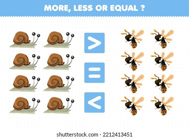 Education game for children more less or equal count the amount of cute cartoon snail and bee wasp printable bug worksheet