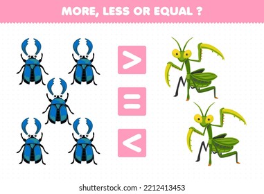 Education Game For Children More Less Or Equal Count The Amount Of Cute Cartoon Stag Beetle And Mantis Printable Bug Worksheet