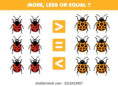 Education game for children more less or equal count the amount of cute cartoon ladybug printable bug worksheet
