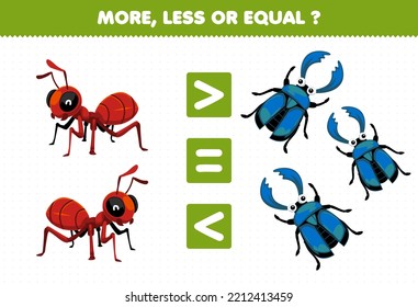 Education game for children more less or equal count the amount of cute cartoon ant and stag beetle printable bug worksheet