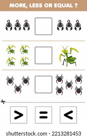 Education game for children more less or equal count the amount of cute cartoon scorpion mantis spider then cut and glue cut the correct sign bug worksheet