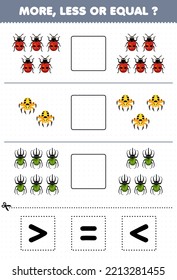 Education game for children more less or equal count the amount of cute cartoon ladybug spider beetle then cut and glue cut the correct sign bug worksheet