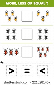 Education game for children more less or equal count the amount of cute cartoon beetle then cut and glue cut the correct sign bug worksheet