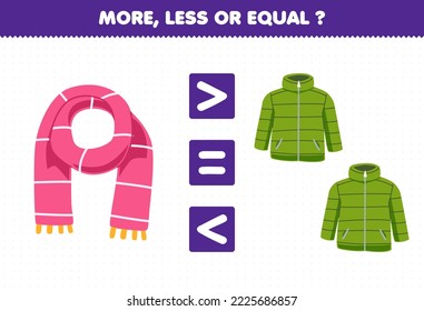 Education game for children more less or equal count the amount of cute cartoon scarf and coat jacket printable winter worksheet