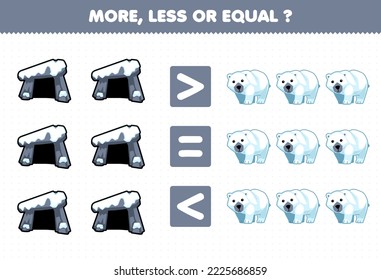 Education game for children more less or equal count the amount of cute cartoon den and polar bear printable winter worksheet