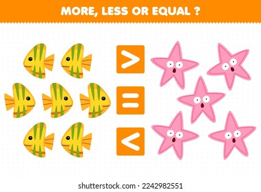 Education game for children more less or equal count the amount of cute cartoon fish and starfish printable underwater worksheet