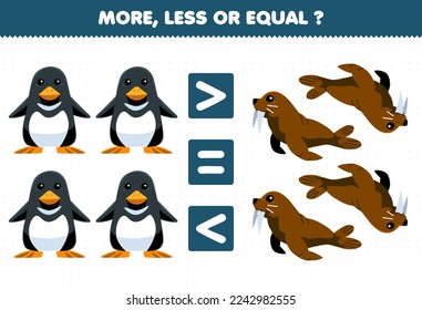Education game for children more less or equal count the amount of cute cartoon penguin and walrus printable underwater worksheet