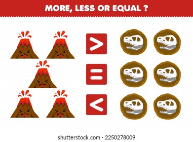 Education game for children more less or equal count the amount of cute cartoon volcano and fossil printable nature worksheet