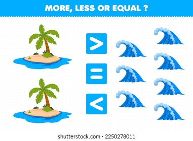Education game for children more less or equal count the amount of cute cartoon island and wave printable nature worksheet