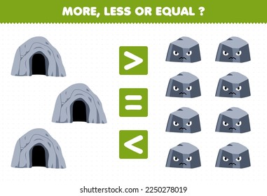 Education game for children more less or equal count the amount of cute cartoon cave and stone printable nature worksheet