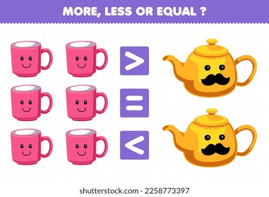 Education game for children more less or equal count the amount of cute cartoon mug and teapot printable tool worksheet