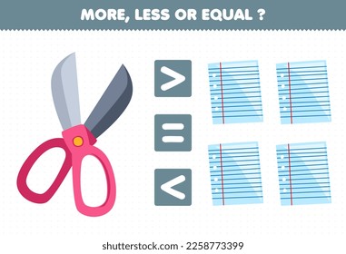 Education game for children more less or equal count the amount of cute cartoon scissor and paper printable tool worksheet
