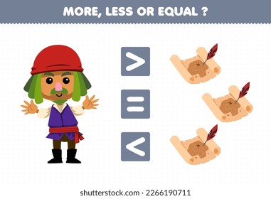 Education game for children more less or equal count the amount of cute cartoon man and treasure map picture printable pirate worksheet