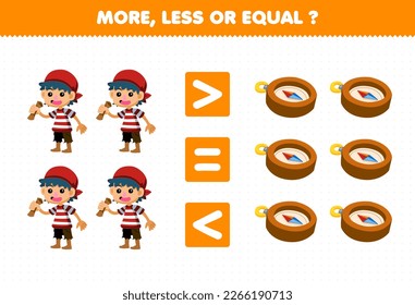 Education game for children more less or equal count the amount of cute cartoon boy and compass picture printable pirate worksheet
