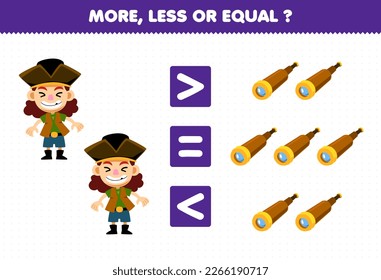 Education game for children more less or equal count the amount of cute cartoon boy and spyglass picture printable pirate worksheet