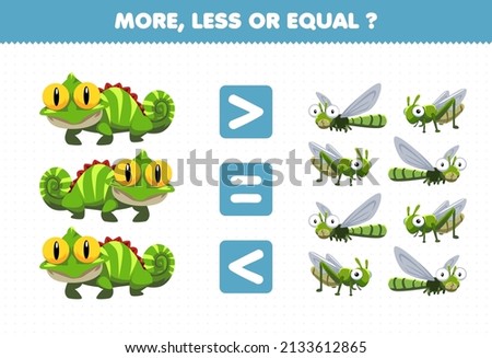 Education game for children more less or equal count the amount of cute cartoon animal iguana dragonfly grasshopper