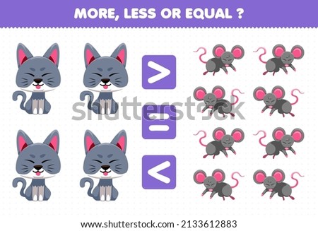 Education game for children more less or equal count the amount of cute cartoon animal cat and mouse