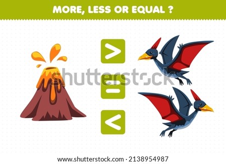 Education game for children more less or equal count the amount of cute cartoon prehistoric dinosaur pteranodon and volcano
