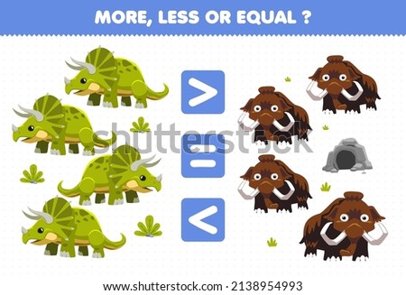 Education game for children more less or equal count the amount of cute cartoon prehistoric dinosaur triceratops and mammoth