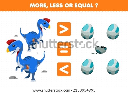 Education game for children more less or equal count the amount of cute cartoon prehistoric dinosaur oviraptor and egg