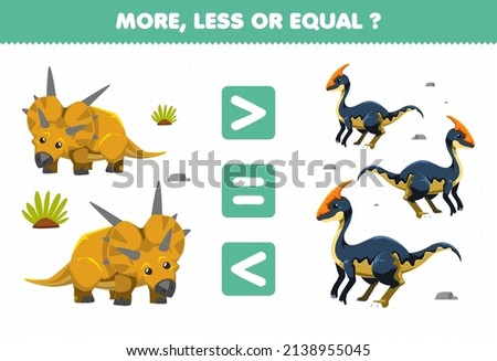Education game for children more less or equal count the amount of cute cartoon prehistoric dinosaur xenoceratops and parasaurolophus