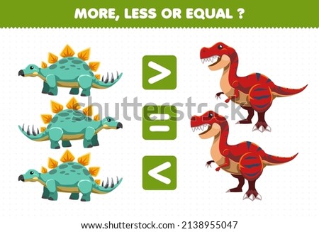 Education game for children more less or equal count the amount of cute cartoon prehistoric dinosaur stegosaurus and tyrannosaurus