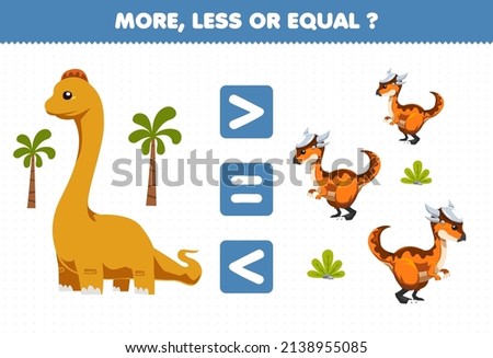 Education game for children more less or equal count the amount of cute cartoon prehistoric dinosaur brontosaurus and stygimoloch