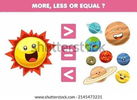 Education game for children more less or equal count the amount of cute cartoon solar system planet sun mercury venus earth mars jupiter saturn uranus neptune