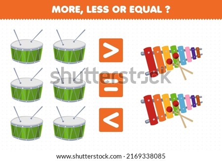 Education game for children more less or equal count the amount of cartoon music instrument drum and xylophone printable worksheet