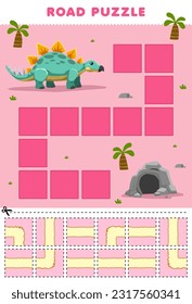 Education game for children road puzzle help stegosaurus move to cave printable dinosaur worksheet