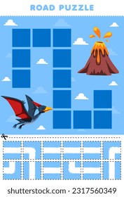Education game for children road puzzle help pteranodon move to volcano printable dinosaur worksheet