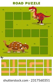Education game for children road puzzle help ankylosaurus move to tyrannosaurus printable dinosaur worksheet
