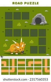 Education game for children road puzzle help xenoceratops move to the cave printable dinosaur worksheet