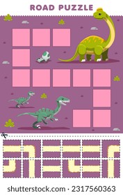 Education game for children road puzzle help velociraptor move to ultrasaurus printable dinosaur worksheet