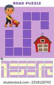 Education game for children road puzzle help farmer boy move to the barn printable farm worksheet