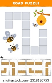 Education game for children road puzzle help bee move to beehive printable farm worksheet