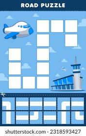 Education game for children road puzzle help plane move to airport printable transportation worksheet