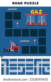 Education game for children road puzzle help truck move to gas station printable transportation worksheet