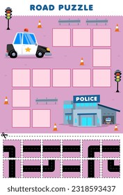 Education game for children road puzzle help police car move to police office printable transportation worksheet