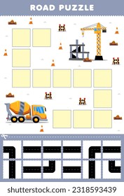 Education game for children road puzzle help concrete mixer truck move to construction site printable transportation worksheet