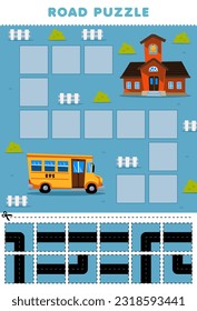 Education game for children road puzzle help bus move to school printable transportation worksheet