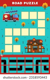Education game for children road puzzle help firetruck move to fire house printable transportation worksheet
