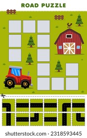 Education game for children road puzzle help tractor move to barn printable transportation worksheet