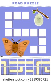 Education game for children road puzzle help moth move to cocoon printable bug worksheet