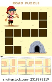 Education game for children road puzzle help boy move to the cave printable pirate worksheet