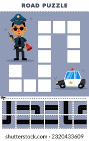 Education game for children road puzzle help police move to the police car printable profession worksheet
