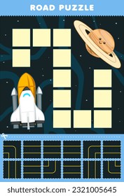 Education game for children road puzzle help spaceship move to saturn planet printable solar system worksheet